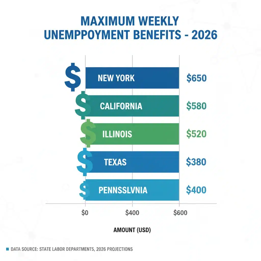 Infographic comparing maximum weekly unemployment benefits by state 2026.
