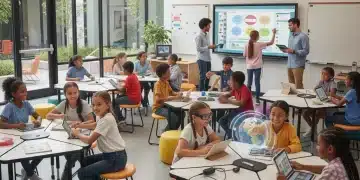 Students learning new skills in a modern K-12 classroom.