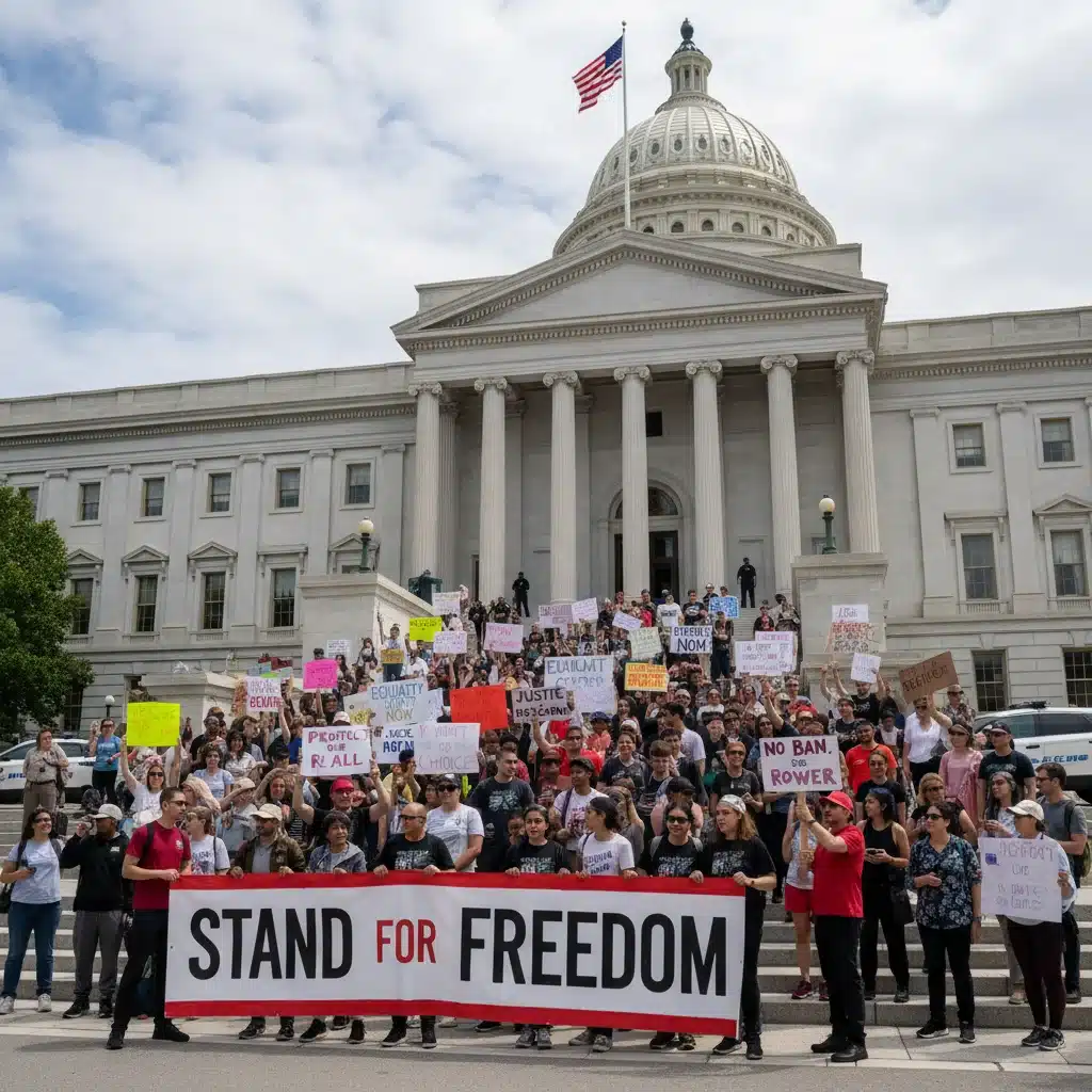 Citizens protesting outside government building, reflecting public response to policy changes and legal rulings.