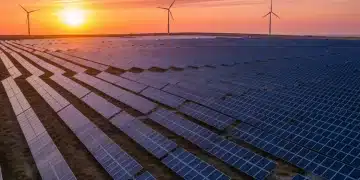 Solar farm at sunset showcasing renewable energy growth