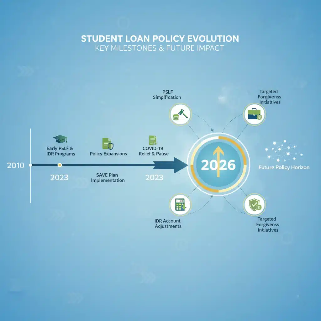 Timeline illustrating key student loan policy milestones leading up to 2026.