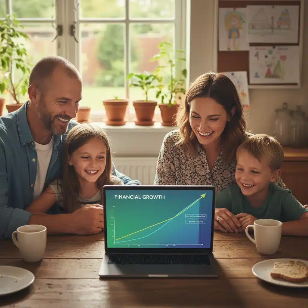 Veteran and family reviewing financial data on a laptop, showing increased stability.