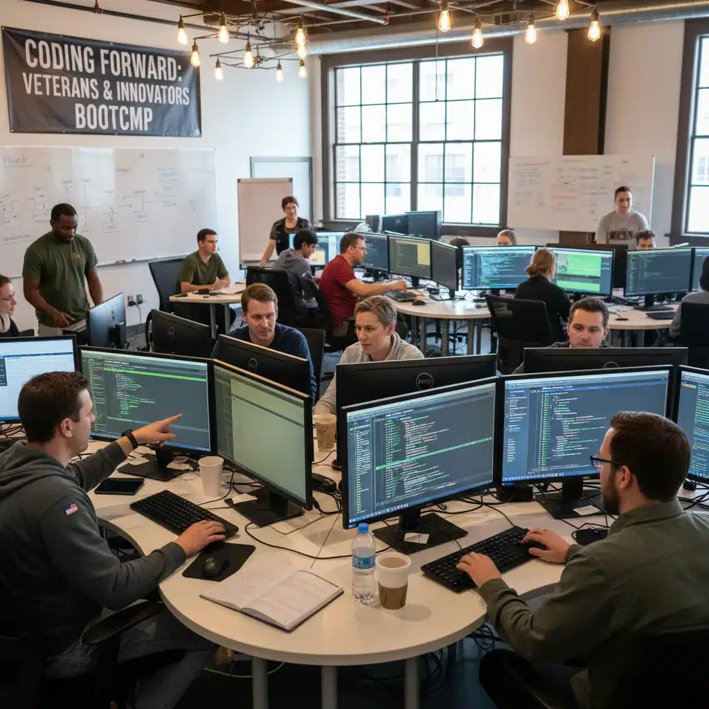 Veterans learning coding in a modern bootcamp setting.