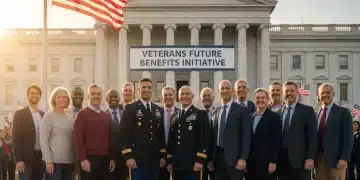 Veterans standing proudly in front of a government building, symbolizing support and future benefits.