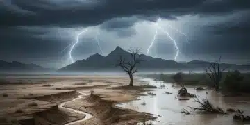 Turbulent sky with lightning, symbolizing increased extreme weather events by 2026
