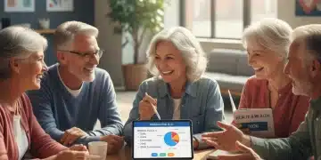 Seniors review 2026 Medicare Advantage plans on a tablet, symbolizing informed healthcare decisions and potential annual savings.