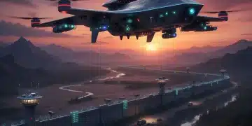 Advanced border patrol drone surveying a modernized border wall at sunset