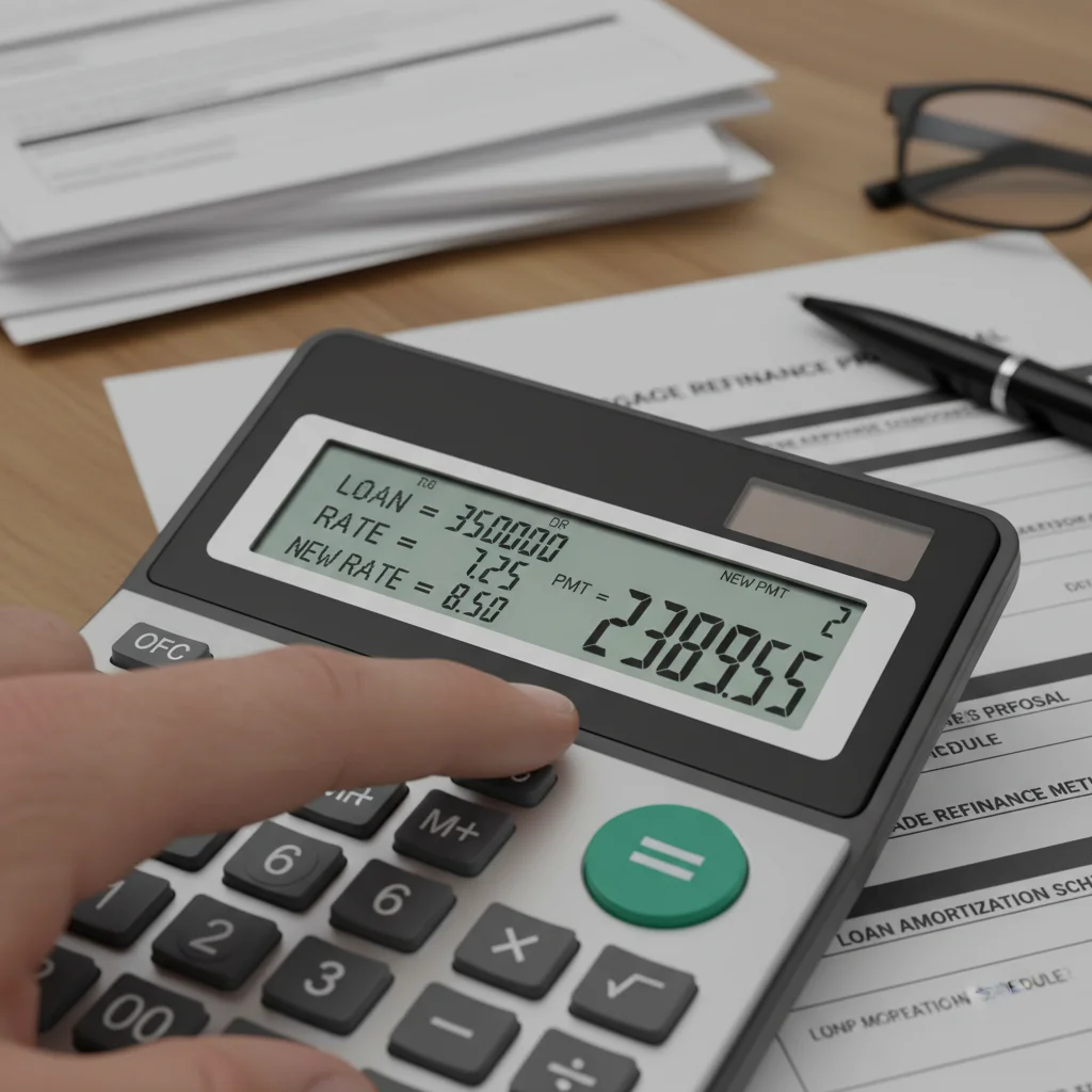 Hand calculating mortgage payments on a calculator, demonstrating the impact of interest rate changes.