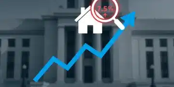 Federal Reserve building with upward trending graph and house icon, symbolizing interest rate hikes and mortgage impact.