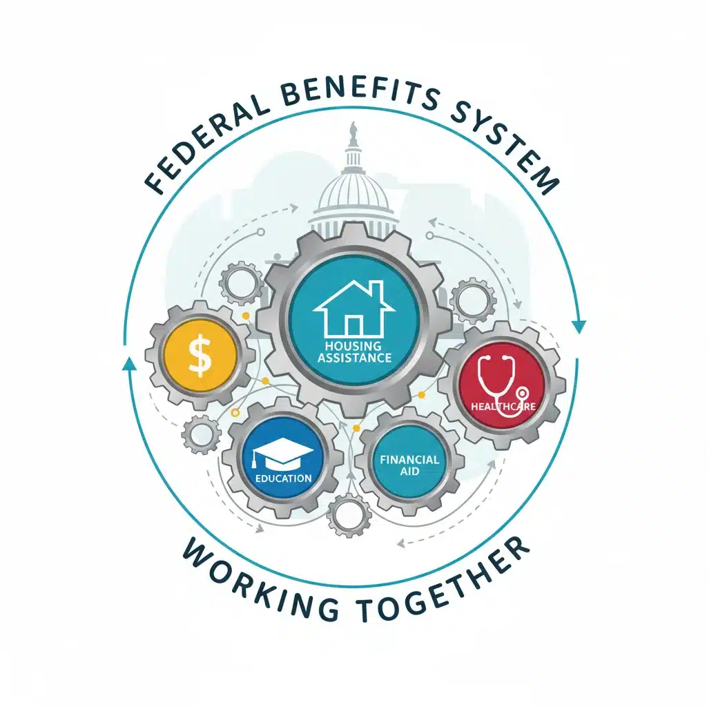 Interconnected gears representing various federal benefits programs