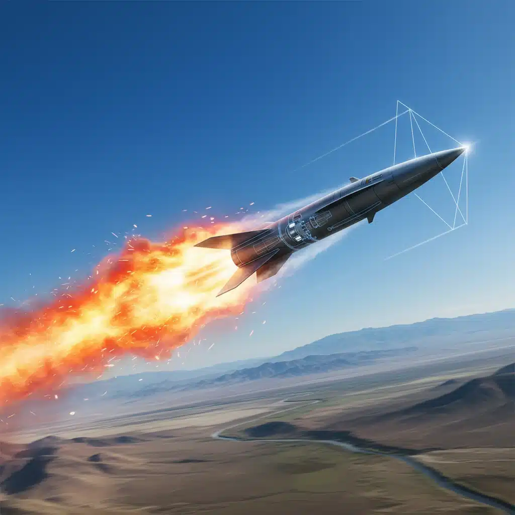 Hypersonic missile in flight with fiery trail, symbolizing advanced military capabilities