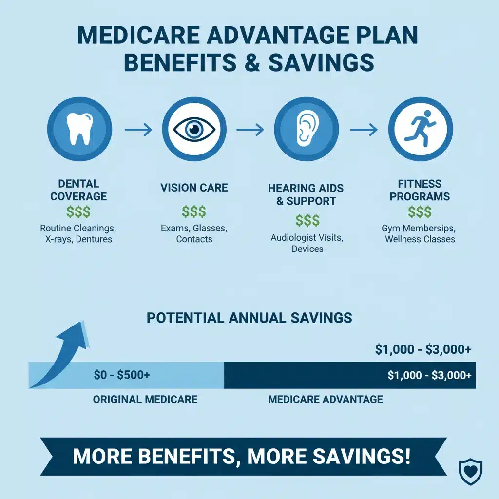 Infographic detailing Medicare Advantage plan benefits including dental, vision, hearing, and fitness, highlighting potential cost savings.