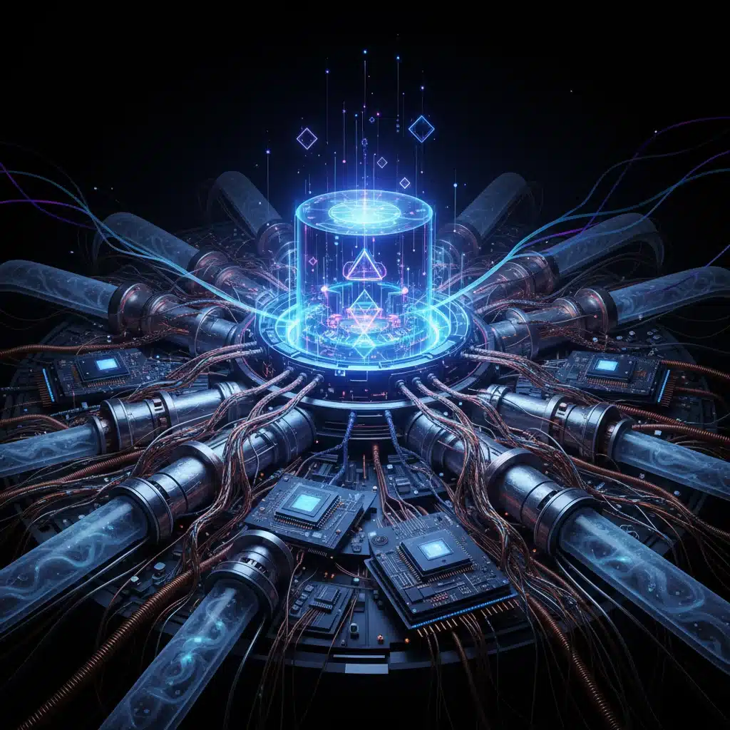 Intricate quantum computer with glowing blue light, representing advanced defense technology