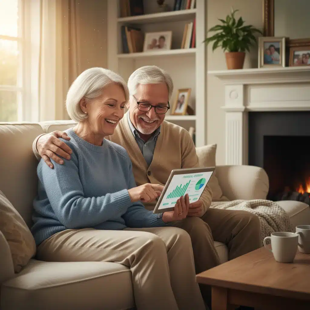 Happy elderly couple reviewing finances on tablet, symbolizing secure retirement.