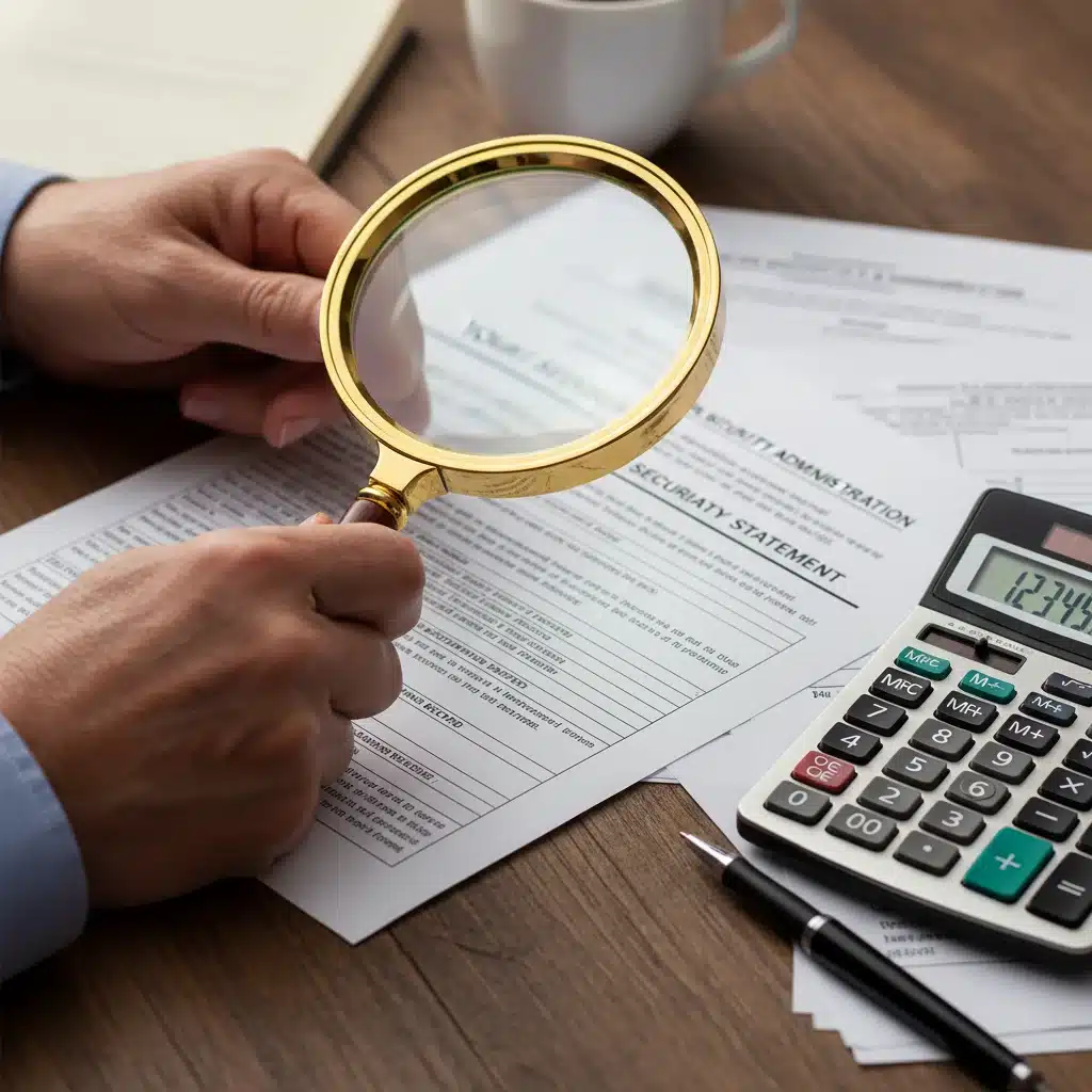 Person analyzing Social Security statements with a magnifying glass and calculator
