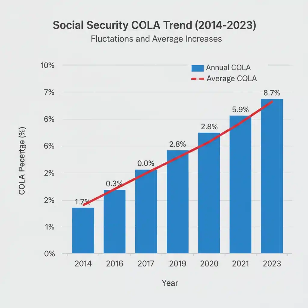 Historical Social Security COLA trends chart showing past percentage increases.
