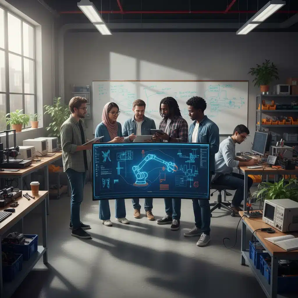 Diverse university students collaborating on an engineering project in a modern lab.