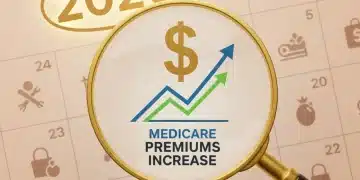 Calendar with 2026 highlighted and a magnifying glass over rising costs, symbolizing Medicare premium adjustments.