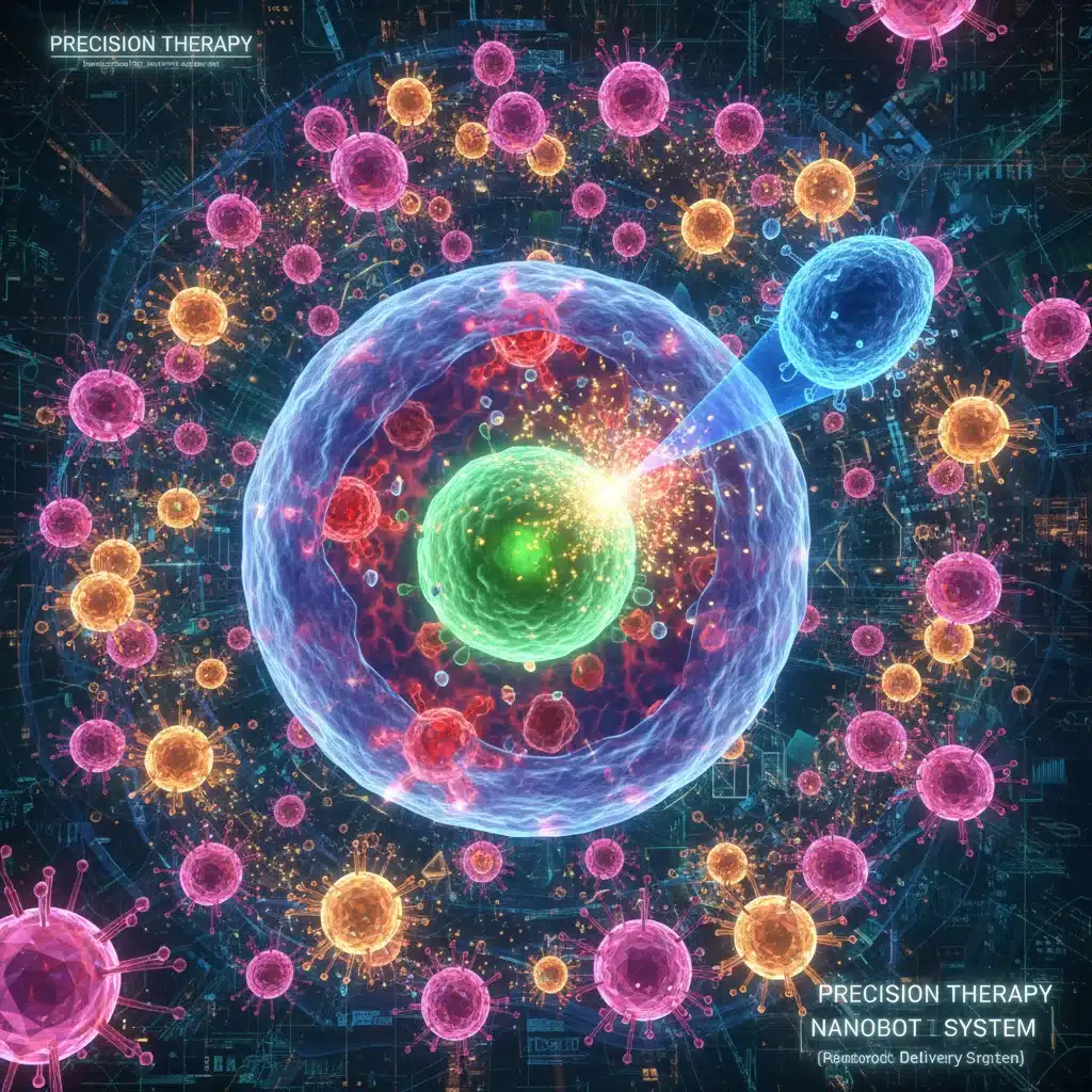 Microscopic view of advanced drug delivery targeting a diseased cell.