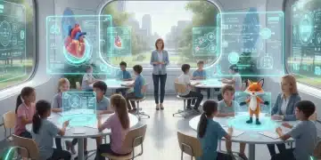 Students and teachers engaging with AI in a futuristic K-12 classroom.