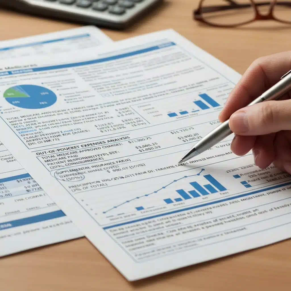 Hand analyzing a detailed Medicare benefits statement with a pen.