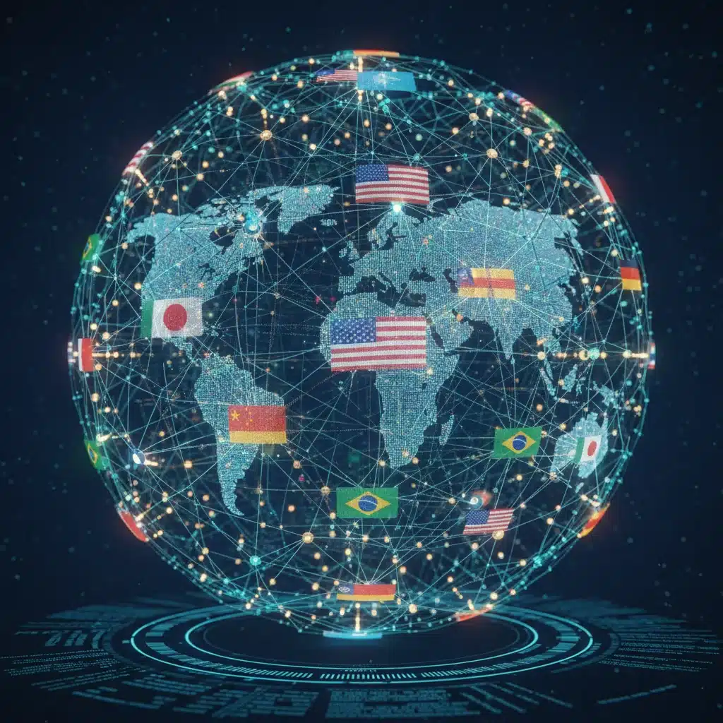 Blockchain network with global flags, representing interconnected digital currency regulations