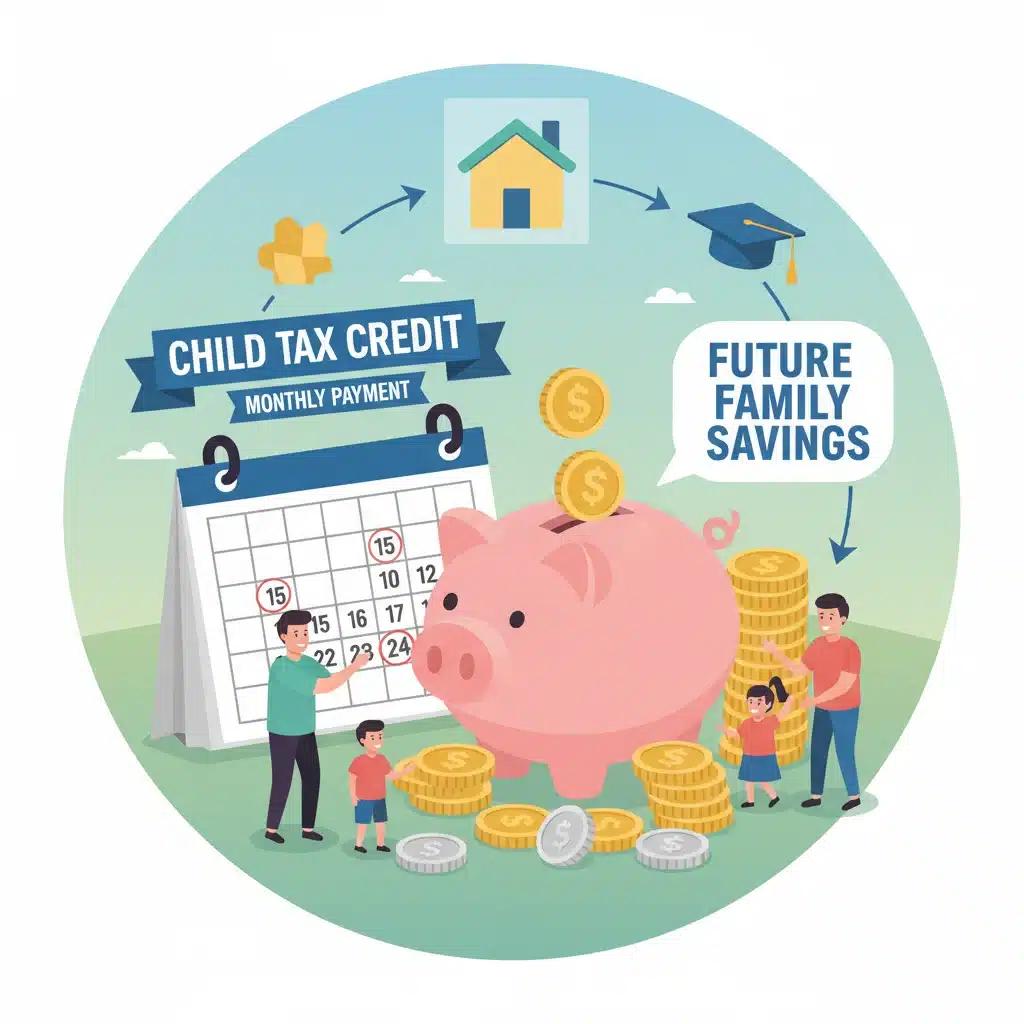 Piggy bank and coins representing savings from child tax credit.