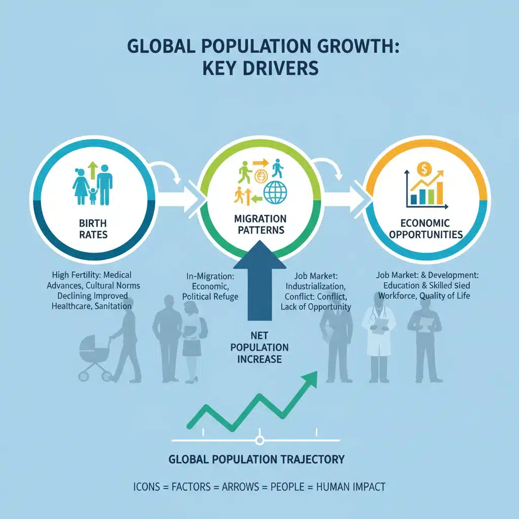 Infographic illustrating demographic factors like migration, birth rates, and economic opportunities driving population growth.