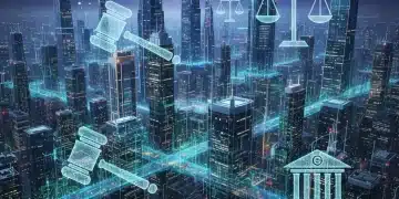 Futuristic digital city with regulatory symbols, representing digital currency regulations 2026