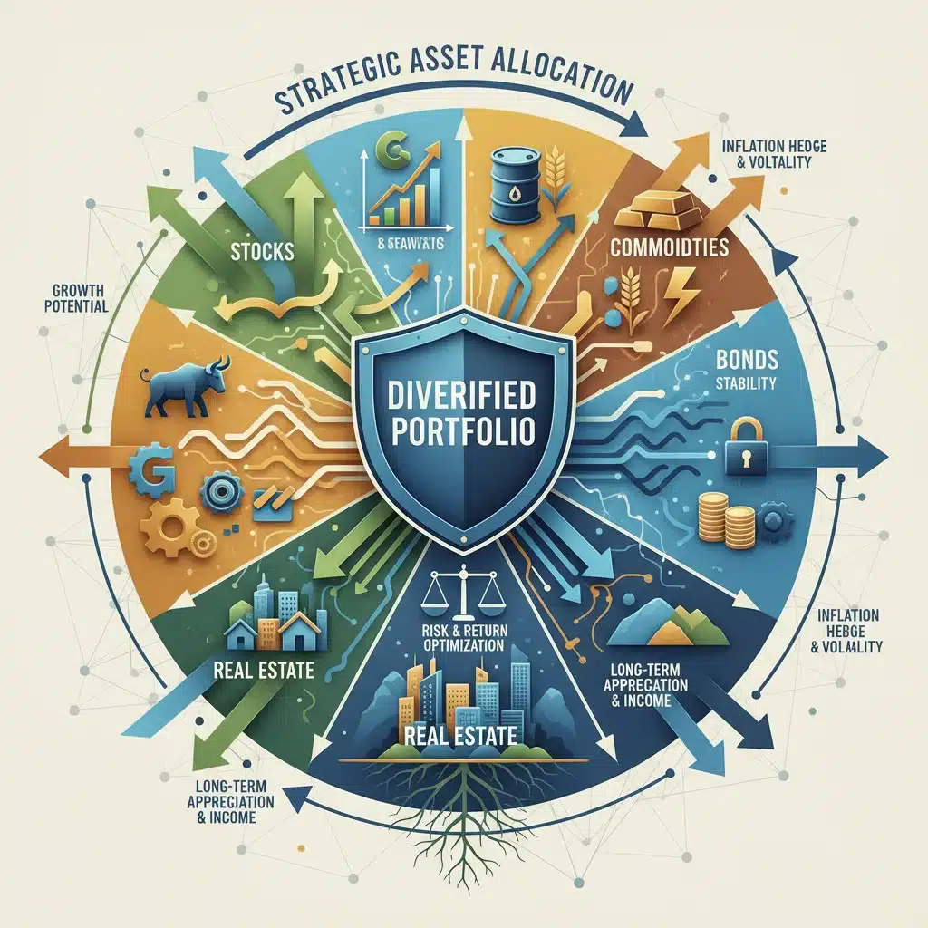 Diversified investment portfolio with stocks, bonds, real estate, and commodities for inflation protection