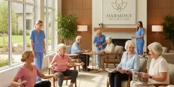 Seniors enjoying activities in a modern assisted living facility, symbolizing comprehensive elderly care benefits.