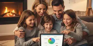 Smiling family reviewing child tax credit information on a tablet.