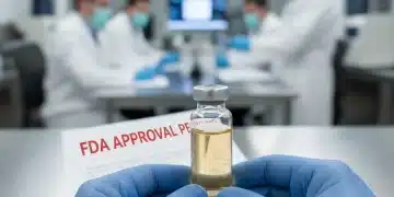 Scientists in a laboratory examining a vial, symbolizing FDA fast-track drug approval.