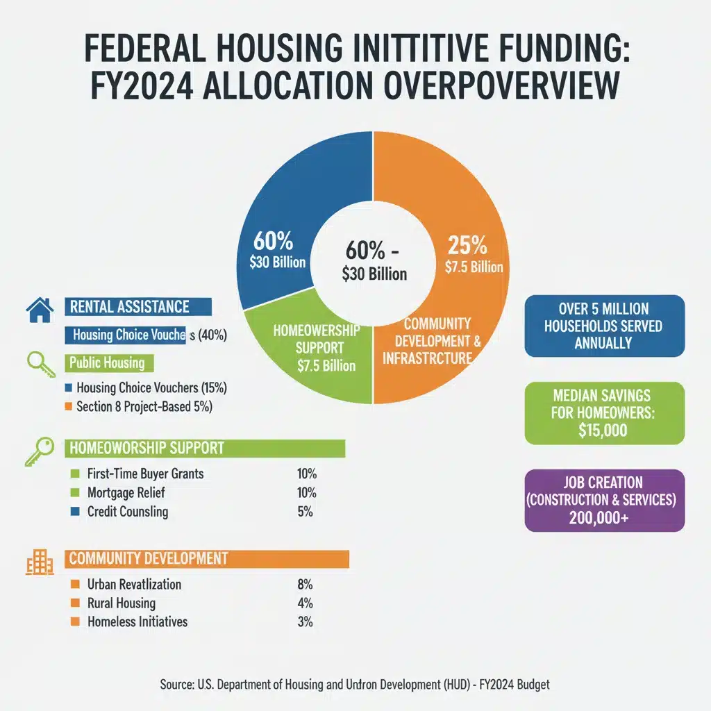 Infographic detailing federal housing initiative funding allocation across various programs.