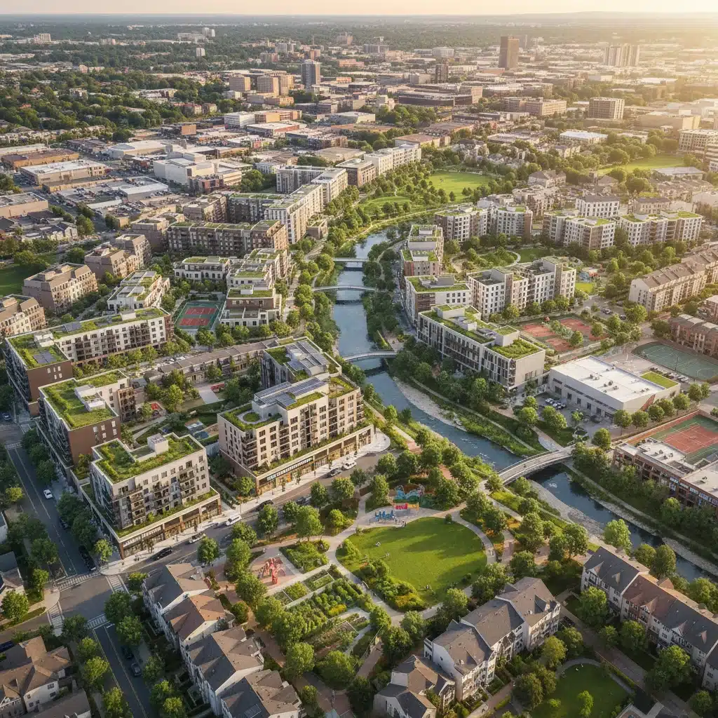 Aerial view of a thriving mixed-income community developed with federal housing support.