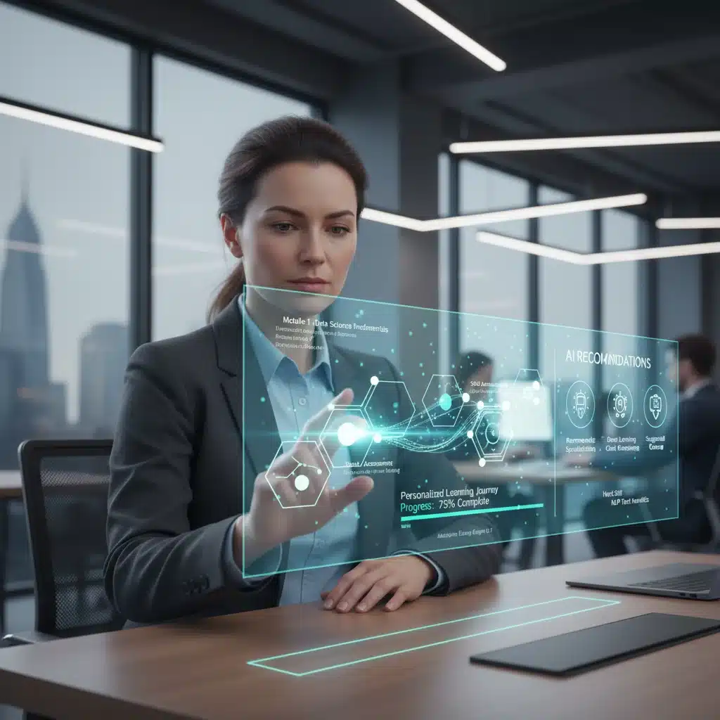 Professional engaging with personalized AI learning path on a holographic display.