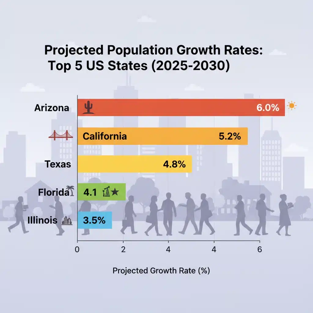 Bar chart showing projected population growth rates for top five US states by 2030, with diverse community silhouettes.