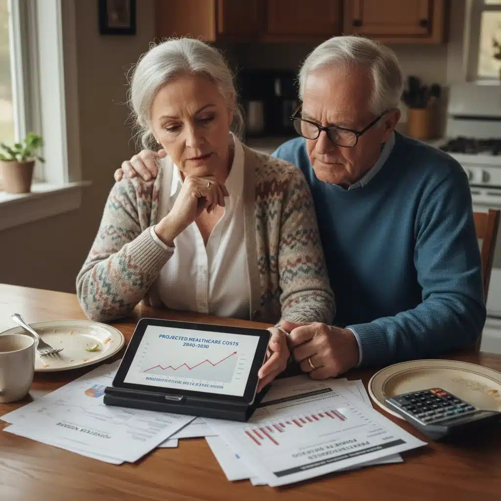 Senior couple reviewing healthcare cost projections on a tablet, with financial documents.