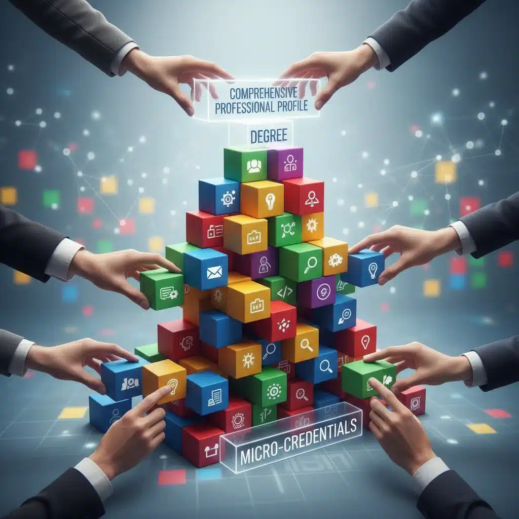 Interconnected micro-credentials forming a comprehensive professional skill set.