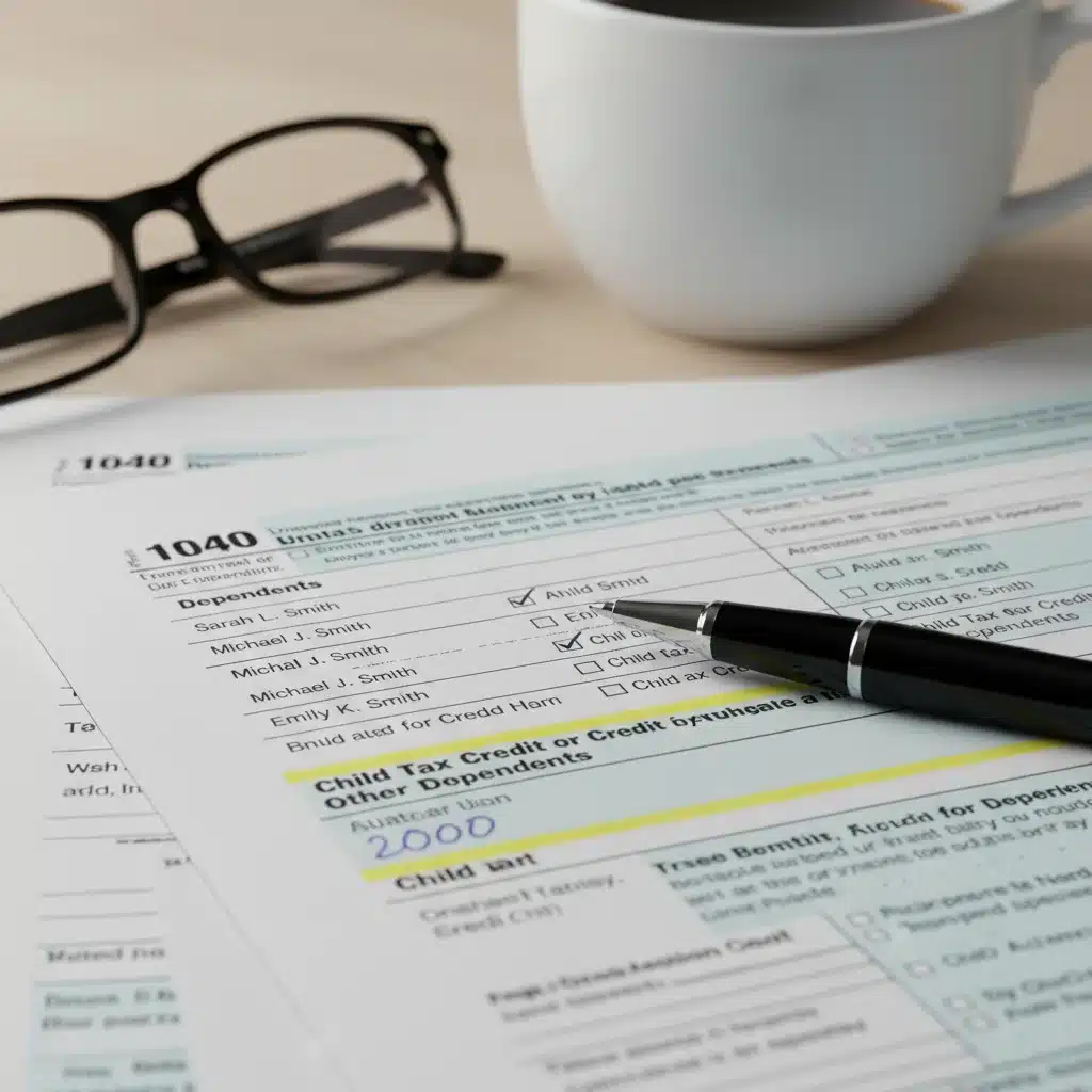 Close-up of tax form with pen, focusing on child tax credit sections.