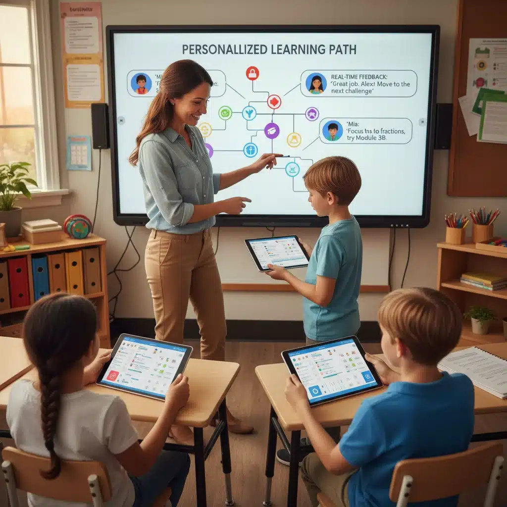 Teacher using AI adaptive learning platform with students.