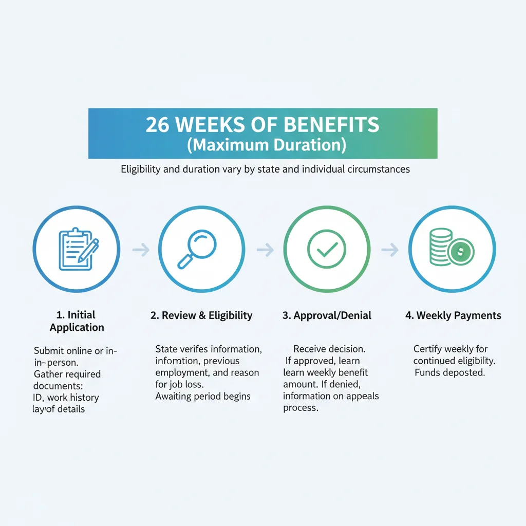 Infographic showing the unemployment benefits application process and 26-week duration.