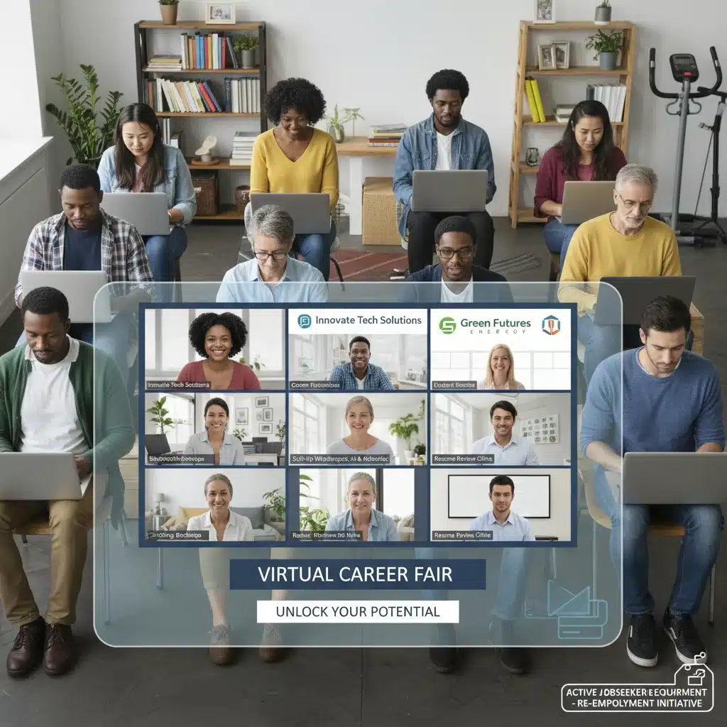 Diverse individuals participating in a virtual job fair to fulfill unemployment requirements.