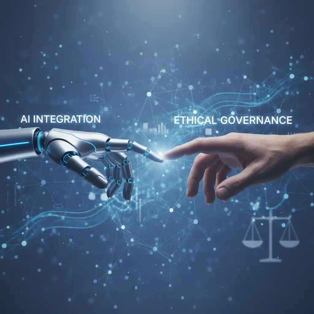Robotic and human hands interacting, symbolizing AI governance and ethics.