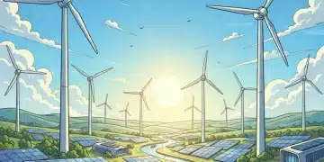 Clean energy landscape with wind turbines and solar panels under a clear sky, symbolizing new EPA clean air standards.