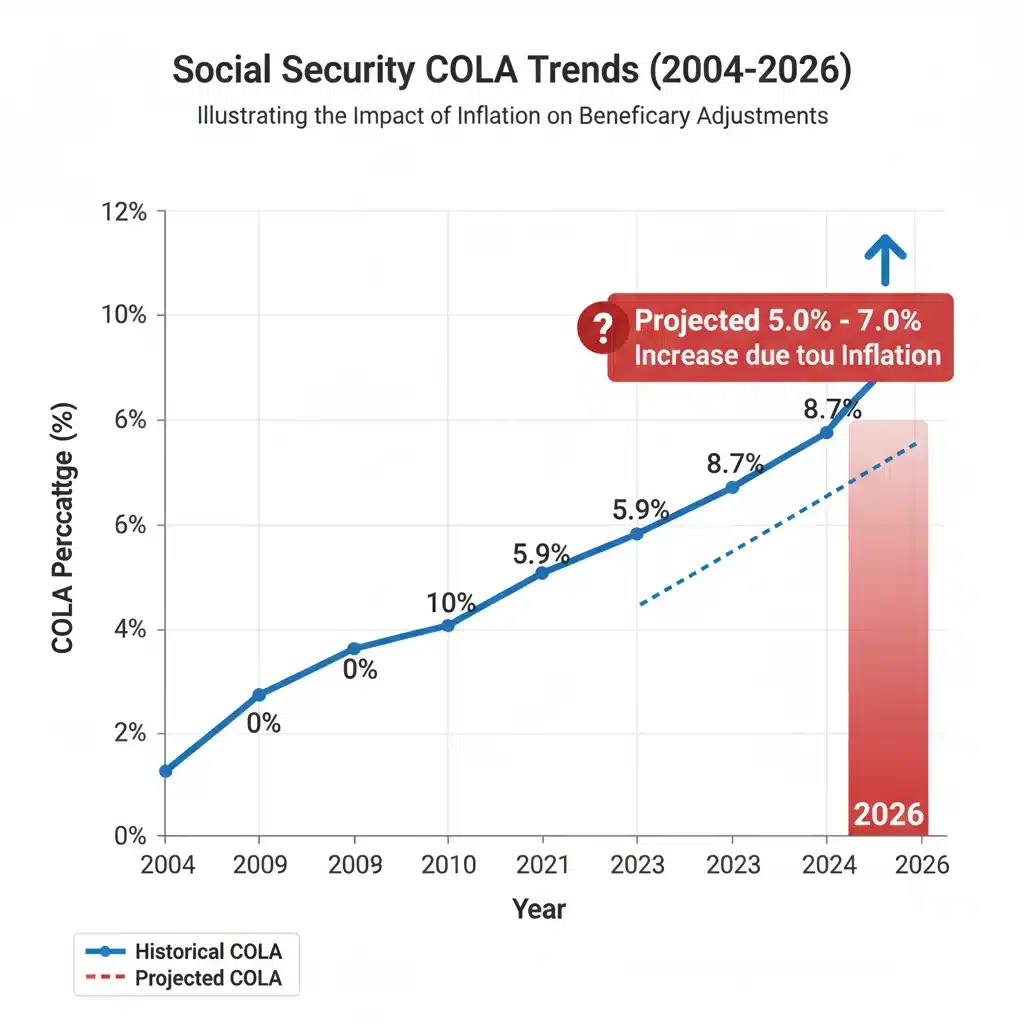 Graph showing historical Social Security COLA trends and 2026 projection.