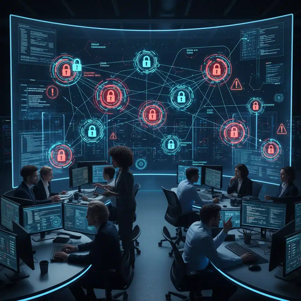 Cybersecurity operations center displaying network vulnerabilities and defense strategies.