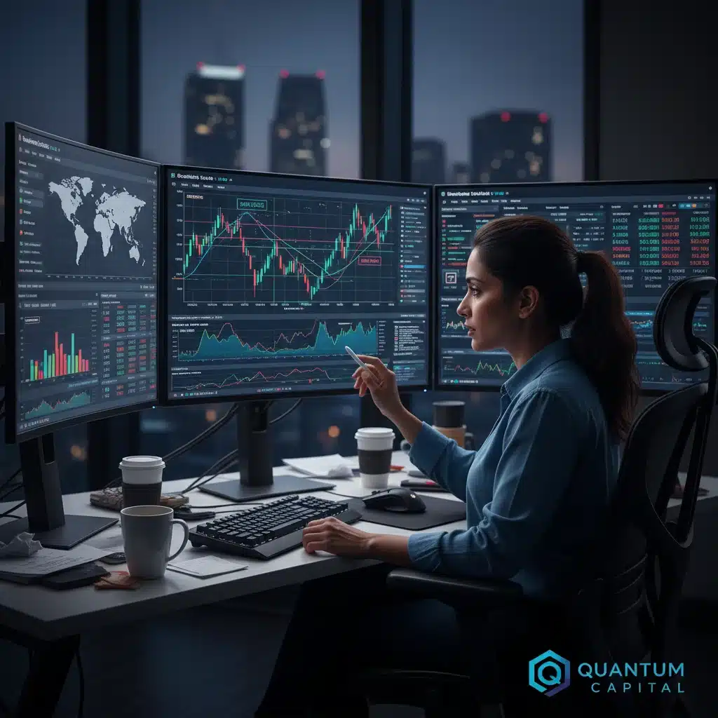 Financial analyst using data analytics for informed investment decisions.