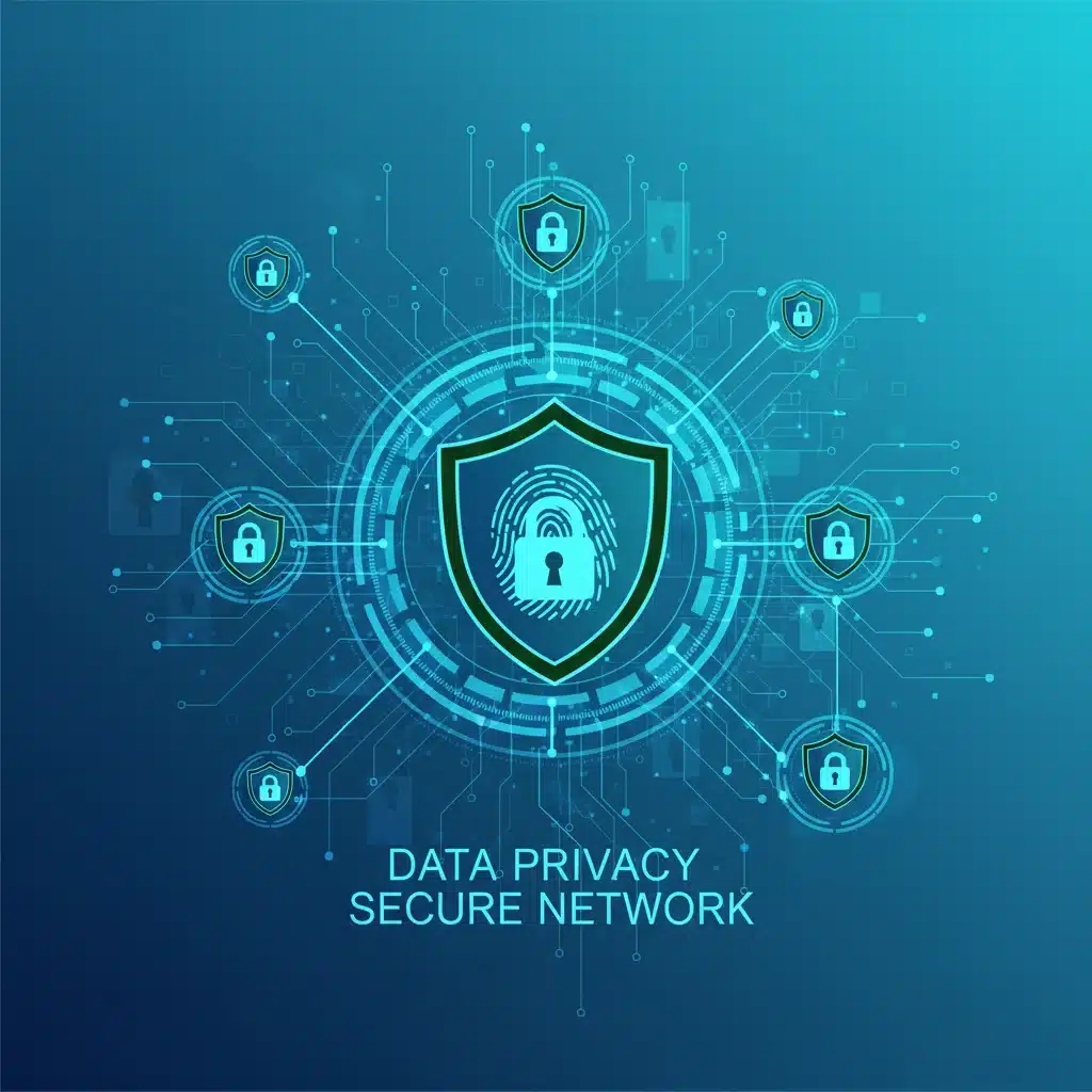 Digital data flowing through a secure network, representing data privacy.