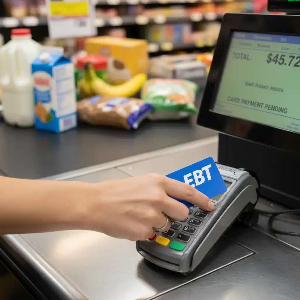 Hand using EBT card at grocery store checkout.